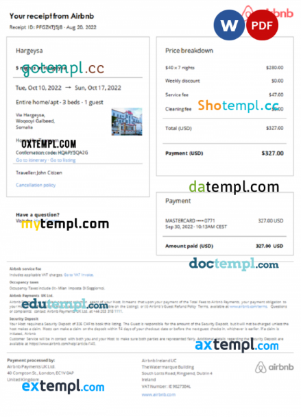 Somalia Airbnb booking confirmation Word and PDF template