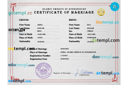 Afghanistan marriage certificate PSD template, fully editable