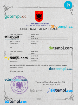 Albania marriage certificate PSD template, completely editable
