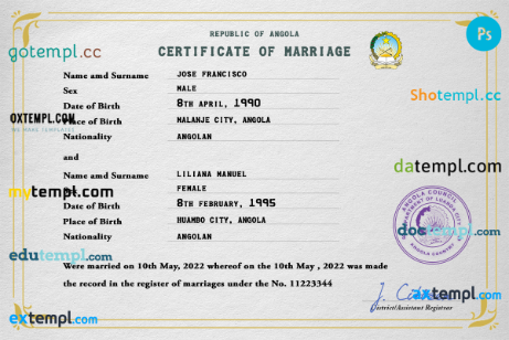 Angola marriage certificate PSD template, fully editable