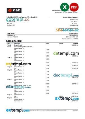 Australia NAB bank statement, Excel and PDF template, 2 pages