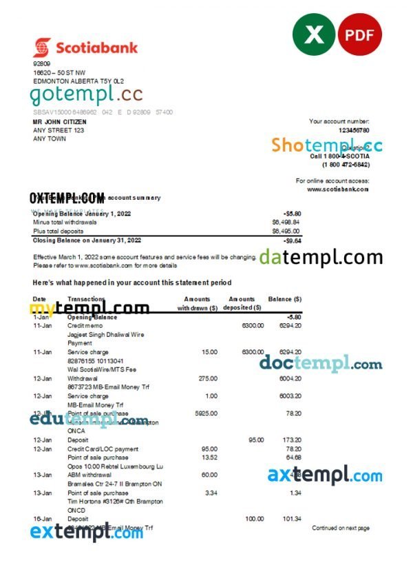 Australia Scotiabank bank statement, Excel and PDF template, 2 pages