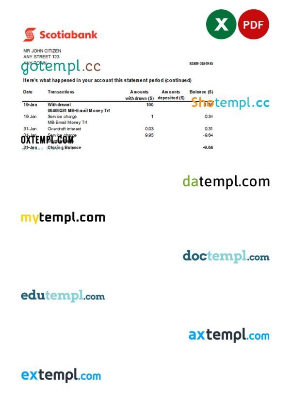 Australia Scotiabank bank statement, Excel and PDF template, 2 pages