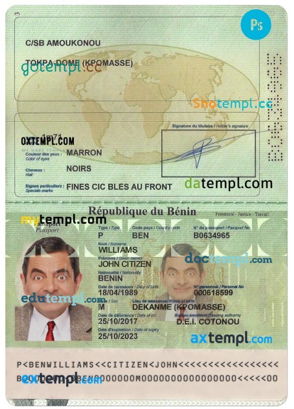 Benin passport PSD template, completely editable