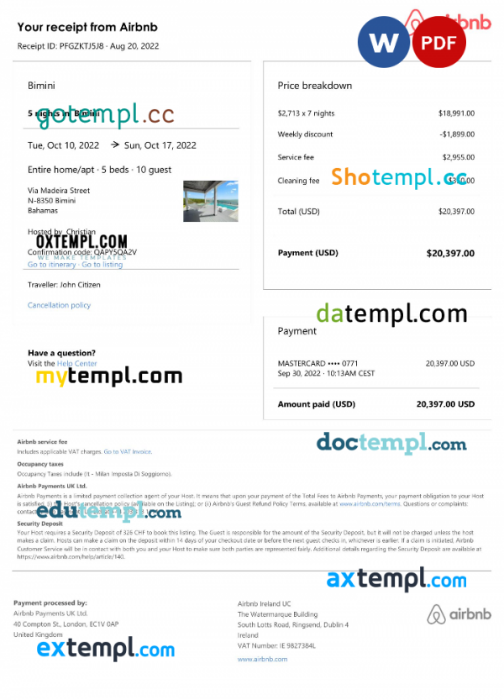 Bahamas Airbnb booking confirmation Word and PDF template