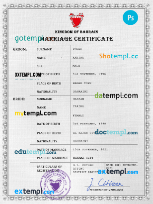 Bahrain marriage certificate PSD template, completely editable