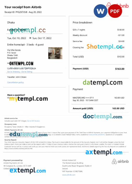 Bangladesh Airbnb booking confirmation Word and PDF template