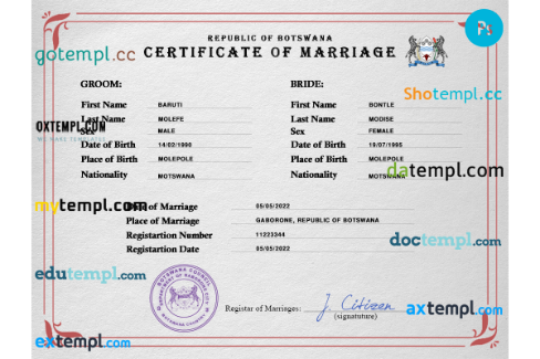 Botswana marriage certificate PSD template, fully editable