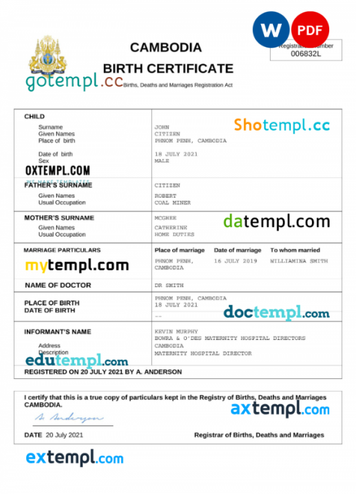 Cambodia birth certificate Word and PDF template, completely editable