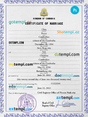 Cambodia marriage certificate PSD template, completely editable