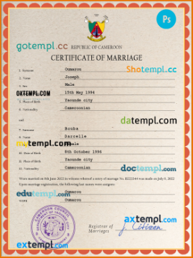 Cameroon marriage certificate PSD template, completely editable