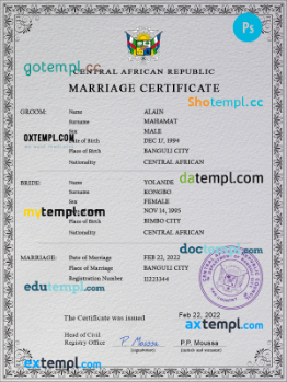 Central African Republic marriage certificate PSD template, completely editable