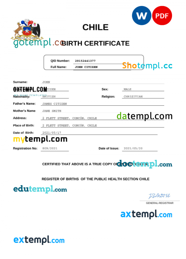 Chile vital record birth certificate Word and PDF template, completely editable