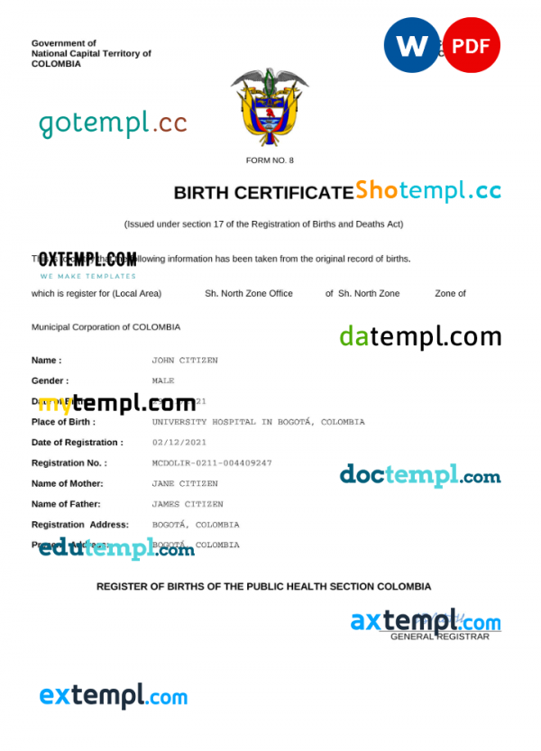 Colombia vital record birth certificate Word and PDF template, completely editable