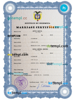 Colombia marriage certificate PSD template, fully editable