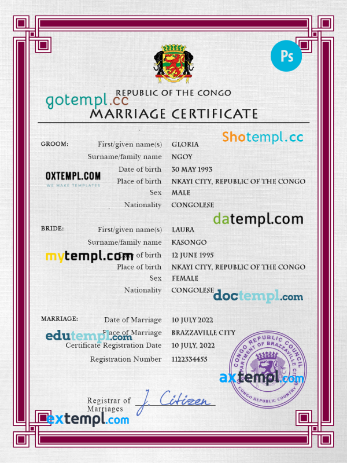 Congo, Republic of the marriage certificate PSD template, completely editable