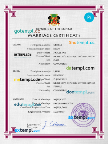 Congo, Republic of the marriage certificate PSD template, completely editable