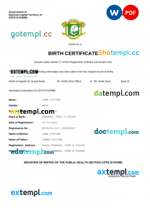 Cote d’Ivoire vital record birth certificate Word and PDF template, completely editable