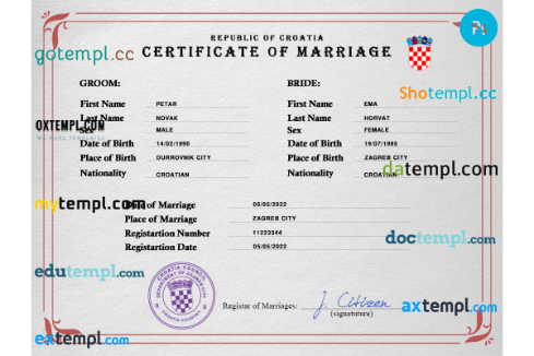 Croatia marriage certificate PSD template, fully editable