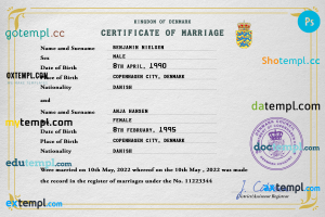 Denmark marriage certificate PSD template, completely editable