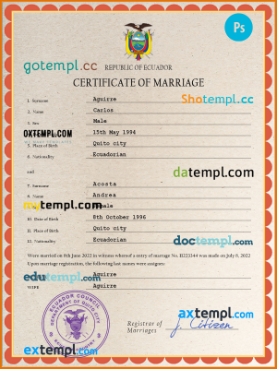 Ecuador marriage certificate PSD template, completely editable