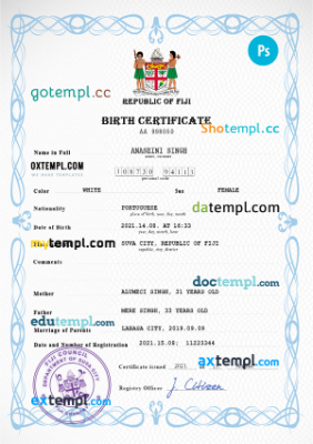 Fiji vital record birth certificate PSD template, fully editable