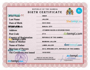Gambia vital record birth certificate PSD template, fully editable