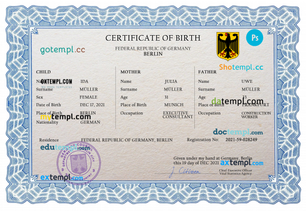 Germany vital record birth certificate PSD template, completely editable