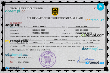 Germany marriage certificate PSD template, completely editable