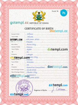 Ghana vital record birth certificate PSD template, completely editable