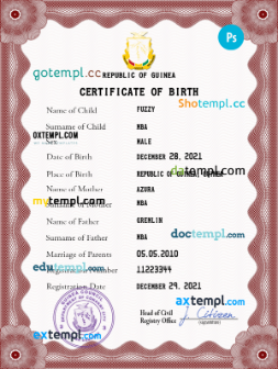 Guinea vital record birth certificate PSD template, completely editable