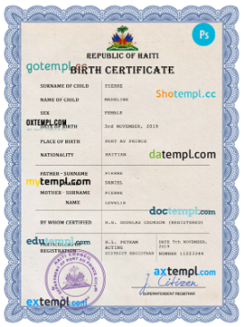 Haiti vital record birth certificate PSD template