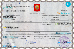 Holy See vital record birth certificate PSD template, fully editable