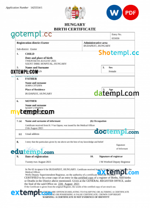 Hungary vital record birth certificate Word and PDF template, completely editable