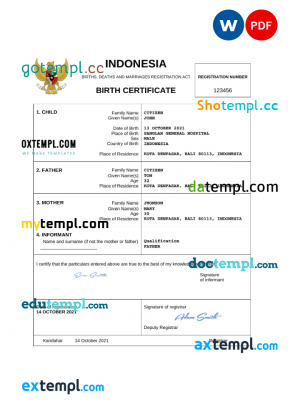 Indonesia birth certificate Word and PDF template, completely editable
