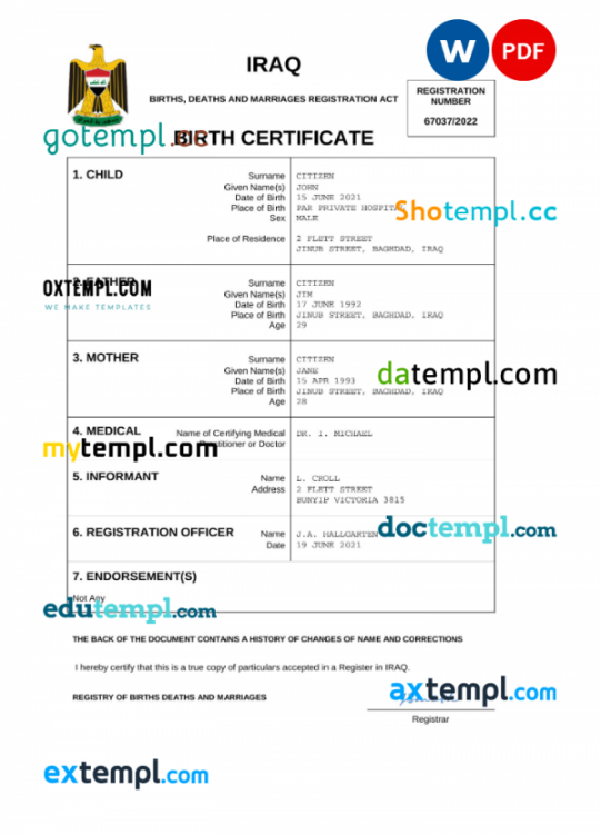 Iraq birth certificate Word and PDF template, completely editable