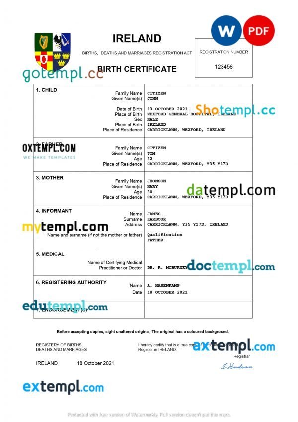 Ireland birth certificate Word and PDF template, completely editable