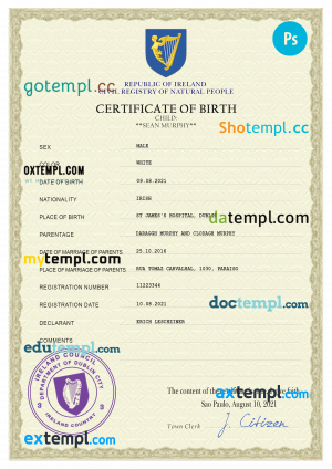 Ireland vital record birth certificate PSD template