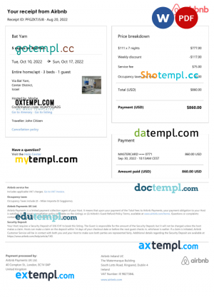 Hong Kong Airbnb booking confirmation Word and PDF template