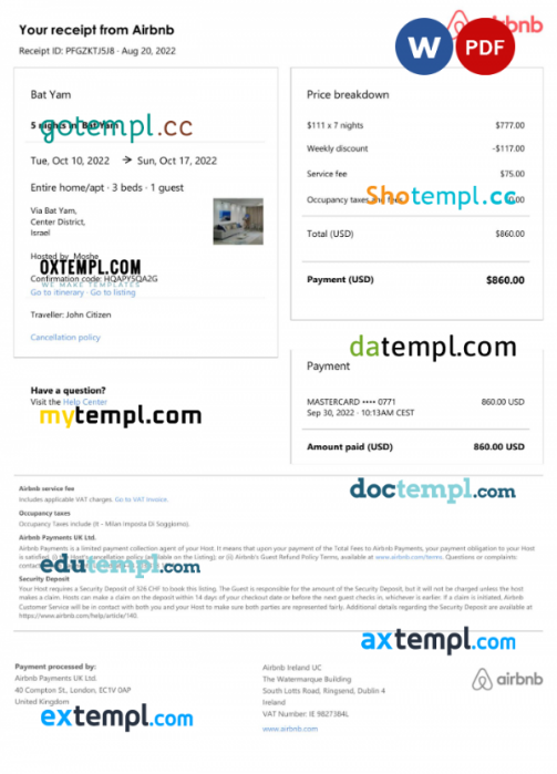 Israel Airbnb booking confirmation Word and PDF template