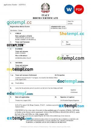 Italy birth certificate Word and PDF template, completely editable