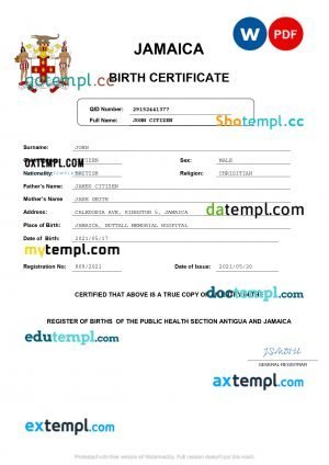 Jamaica vital record birth certificate Word and PDF template, completely editable