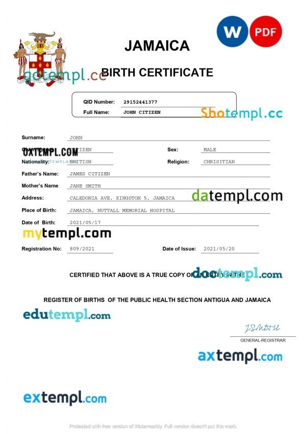 Jamaica vital record birth certificate Word and PDF template, completely editable