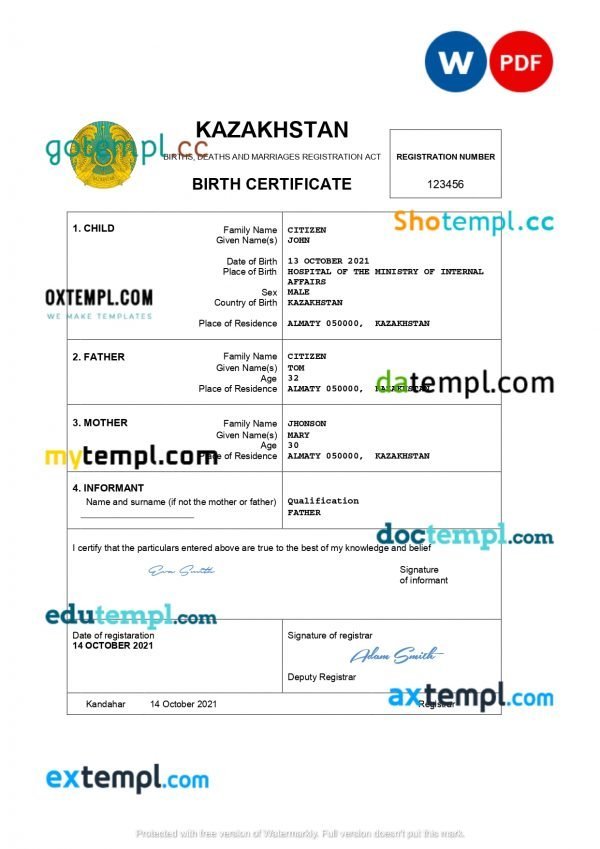 Kazakhstan vital record birth certificate Word and PDF template, completely editable
