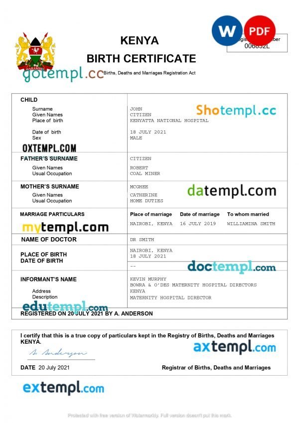 Kenya vital record birth certificate Word and PDF template, completely editable