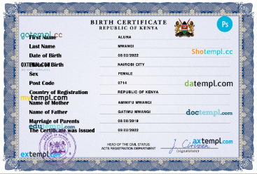 Kenya vital record birth certificate PSD template, fully editable