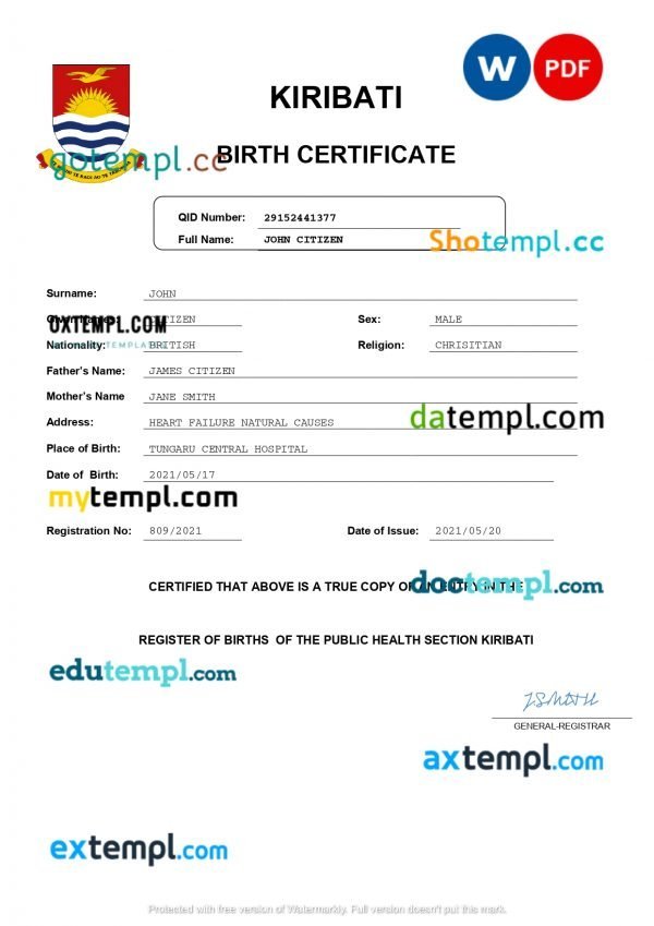 Kiribati birth certificate Word and PDF template, completely editable