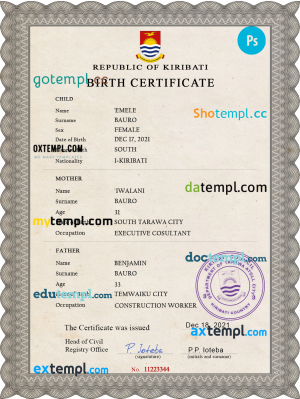 Kiribati vital record birth certificate PSD template