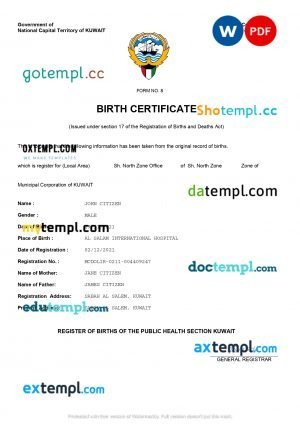 Kuwait vital record birth certificate Word and PDF template, completely editable