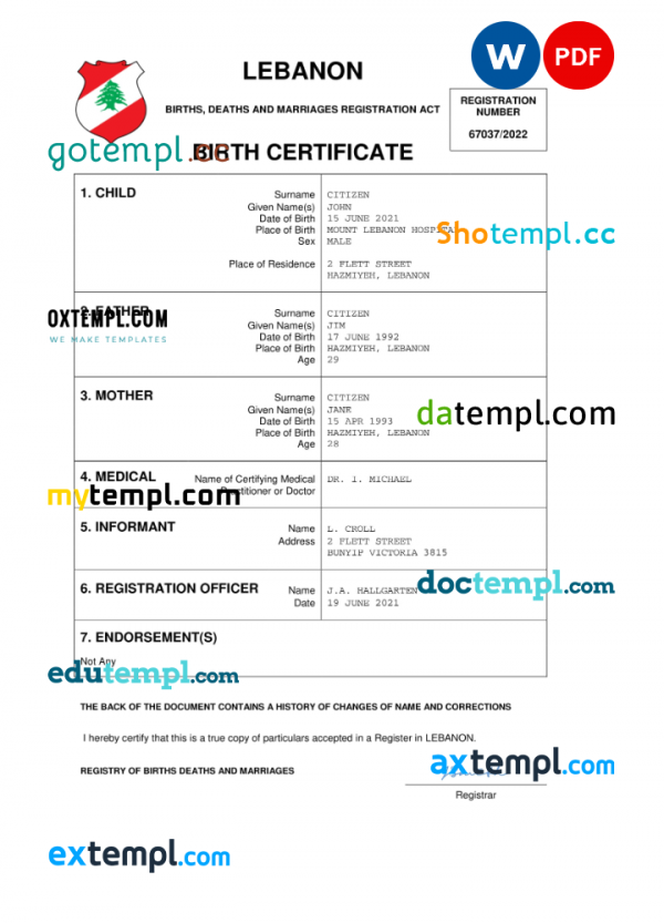 Lebanon vital record birth certificate Word and PDF template, completely editable